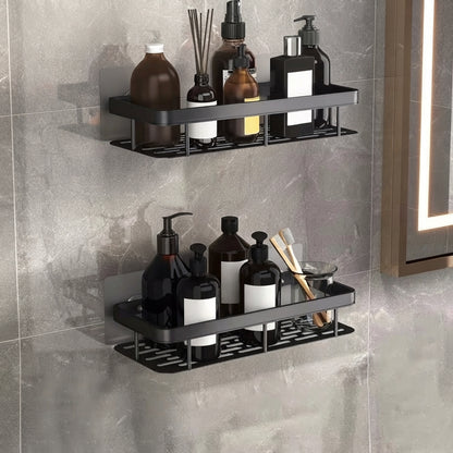 Black two-tier slotted aluminum shower caddy, no-drill mount