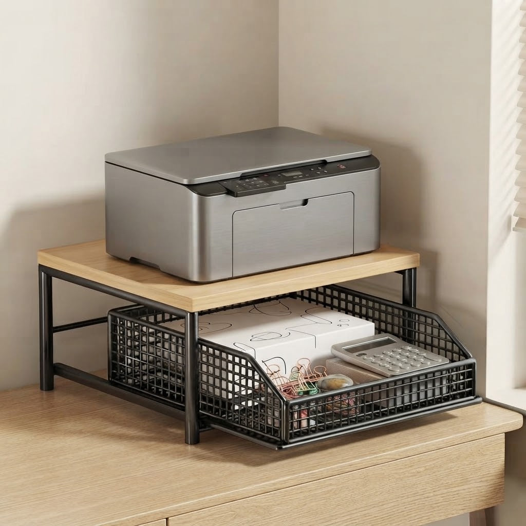 Black pull-out kitchen basket rack with wooden top and lower wire tray