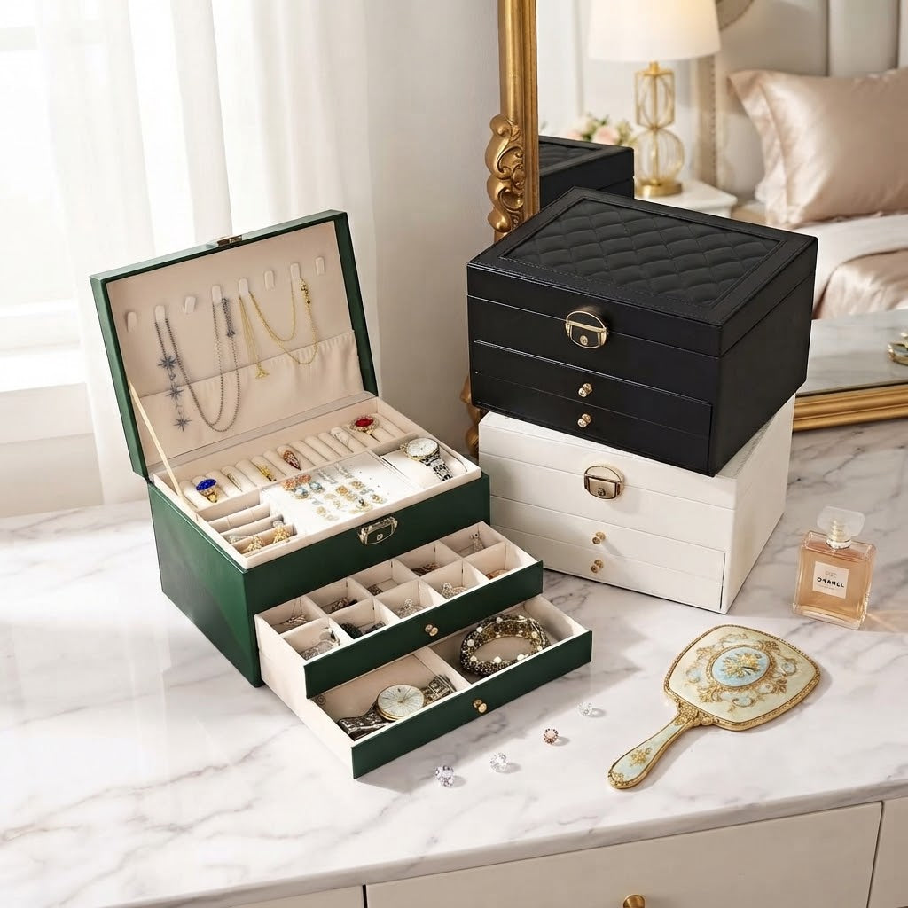 Green and black leather quilted jewelry boxes on marble with open storage compartments