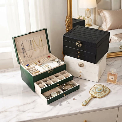 Green and black leather quilted jewelry boxes on marble with open storage compartments