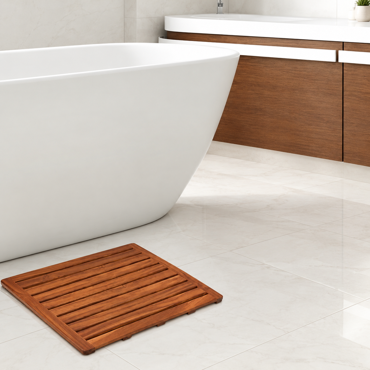 Teak slatted non-slip bath mat with rectangular frame