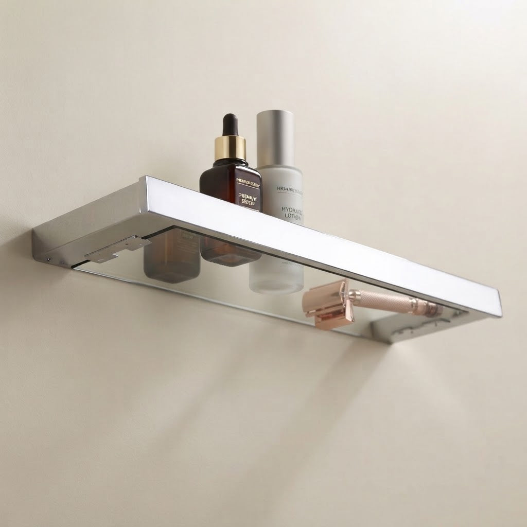 Kilor bathroom shelf with clear glass panel and stainless side supports