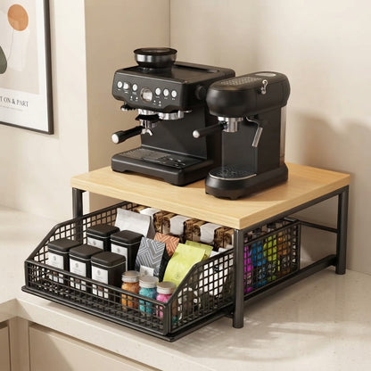 Black pull-out kitchen basket rack with wooden top and front wire basket