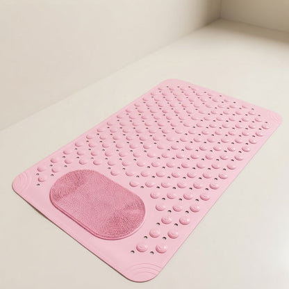 Non-slip shower mat with foot scrubber, pink textured bumps and oval mesh pad