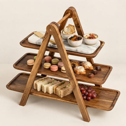 Wooden 3-tier kitchen rack displaying foods and small bowls on shelves