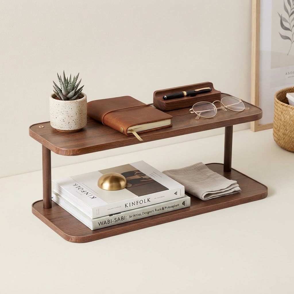 Two-tier bamboo rack for countertop storage with open lower shelf and legs