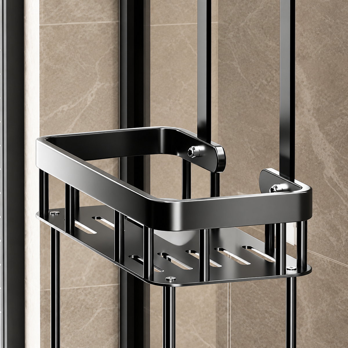 Tiered shower caddy with black hanging frame and silver metal shelves