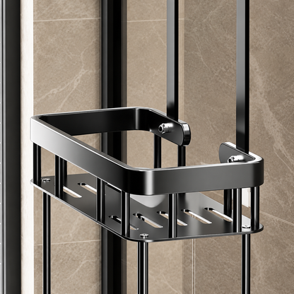 Tiered shower caddy with black hanging frame and silver metal shelves