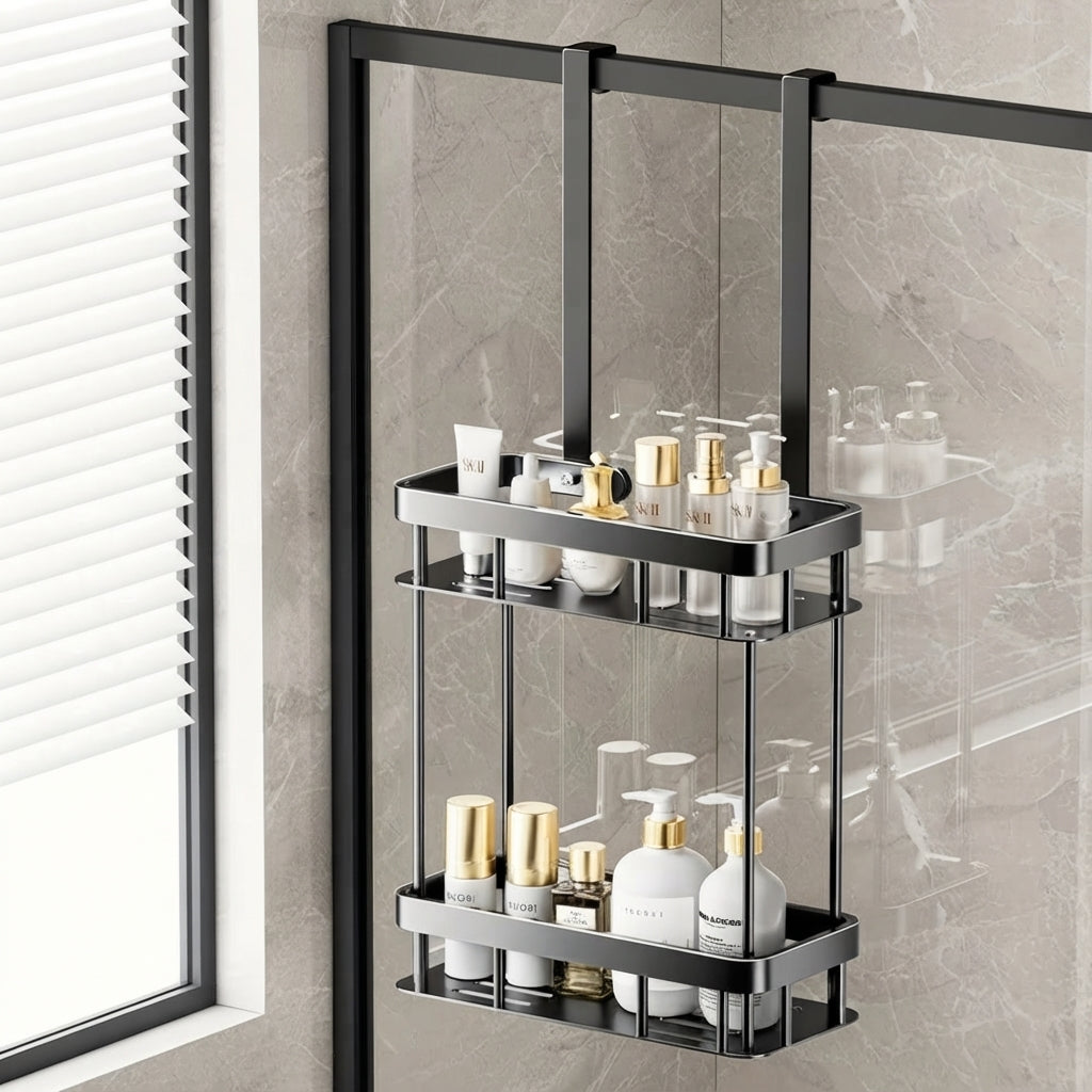 Tiered over-door shower caddy with two shelves and hanging black side rails