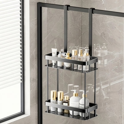Tiered over-door shower caddy with two shelves and hanging black side rails