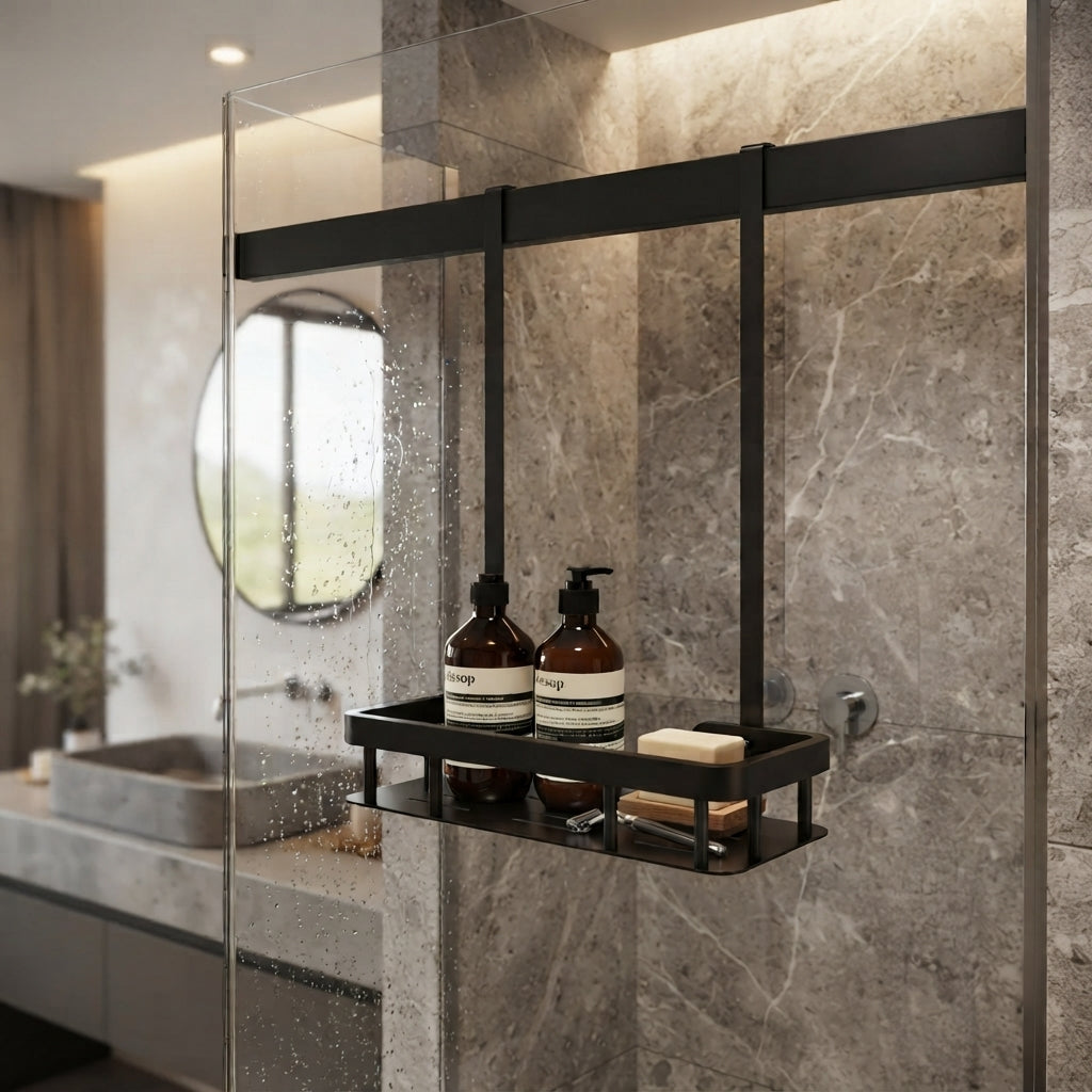 Tiered shower caddy mounted on glass shower door with black frame and shelves