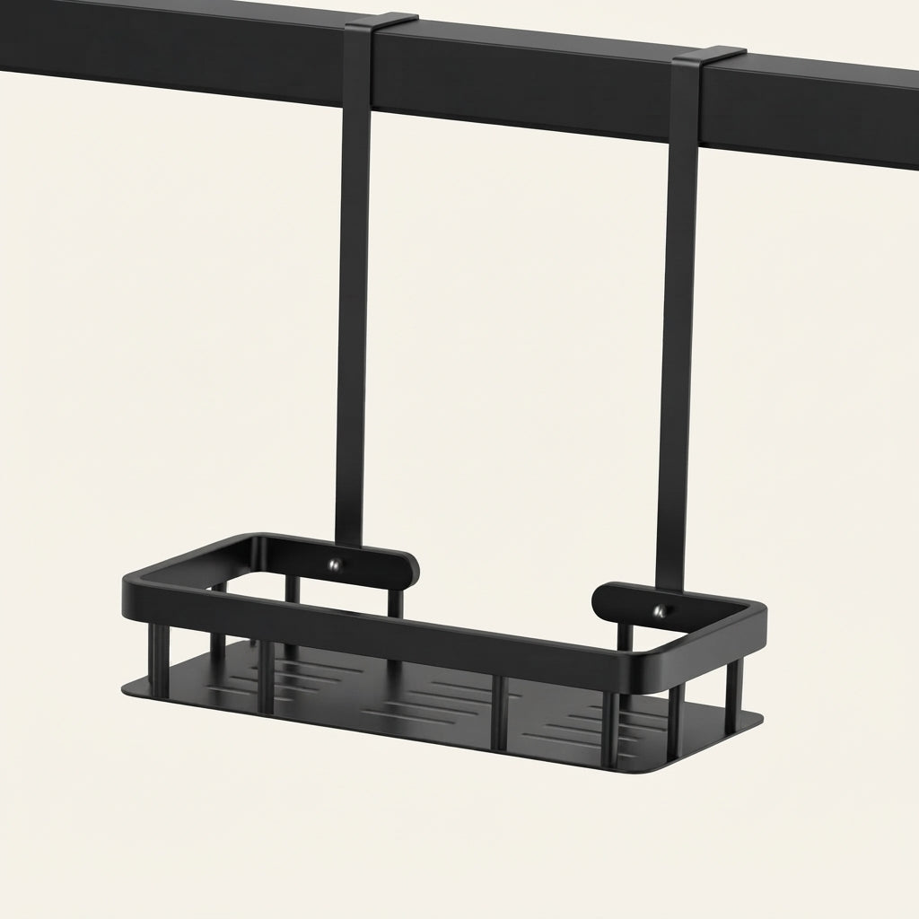 Black over-door shower caddy base with side grips and two open shelf rails