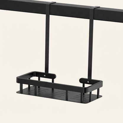 Black over-door shower caddy base with side grips and two open shelf rails