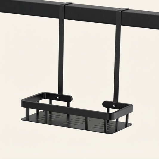 Black over-door shower caddy base with side grips and two open shelf rails