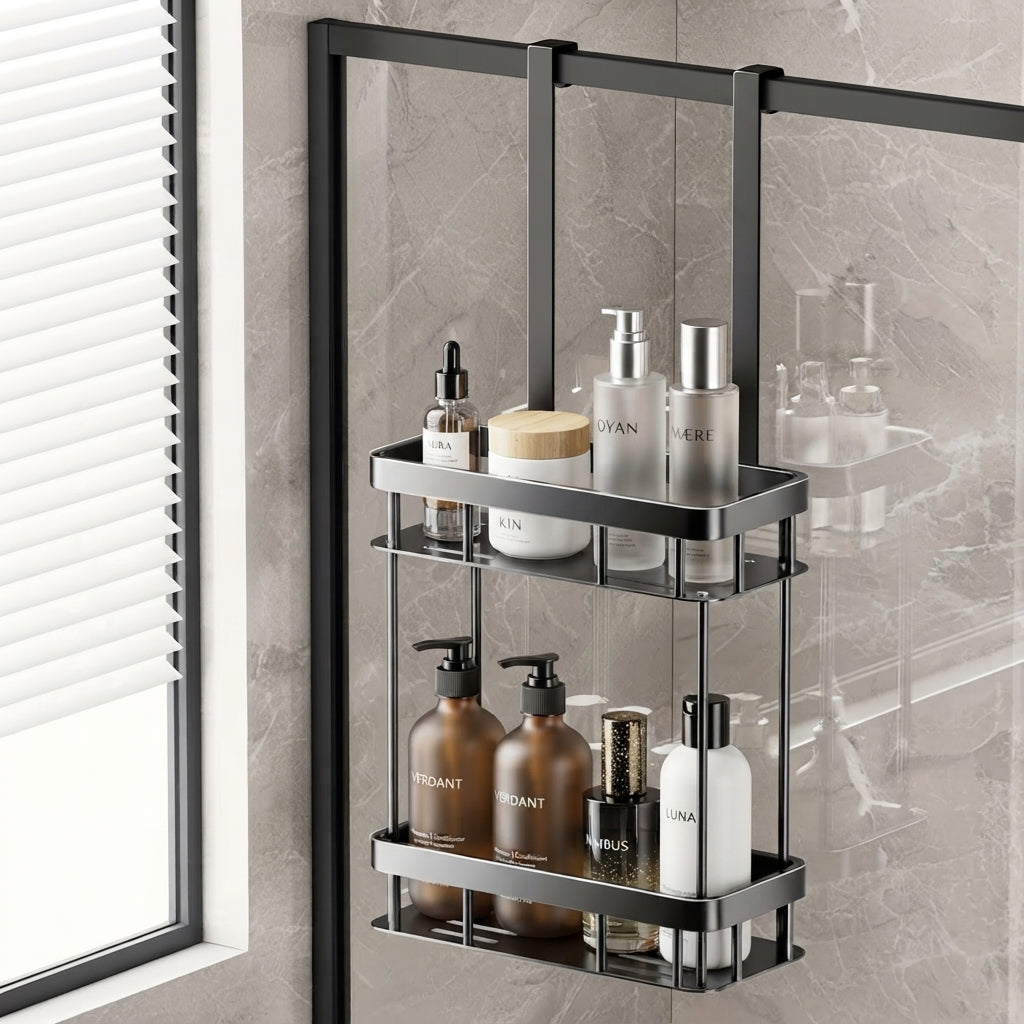 Tiered bathroom shower caddy with stacked shelves and black hanging frame