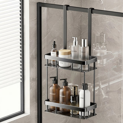 Tiered bathroom shower caddy with stacked shelves and black hanging frame