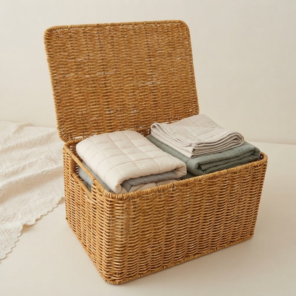 Woven rattan storage chest with lid, open top with stacked folded textiles