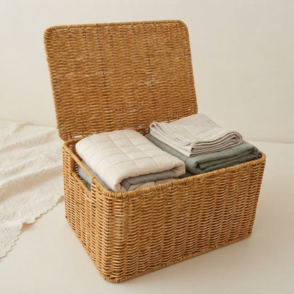 Woven rattan storage chest with lid, open top with stacked folded textiles