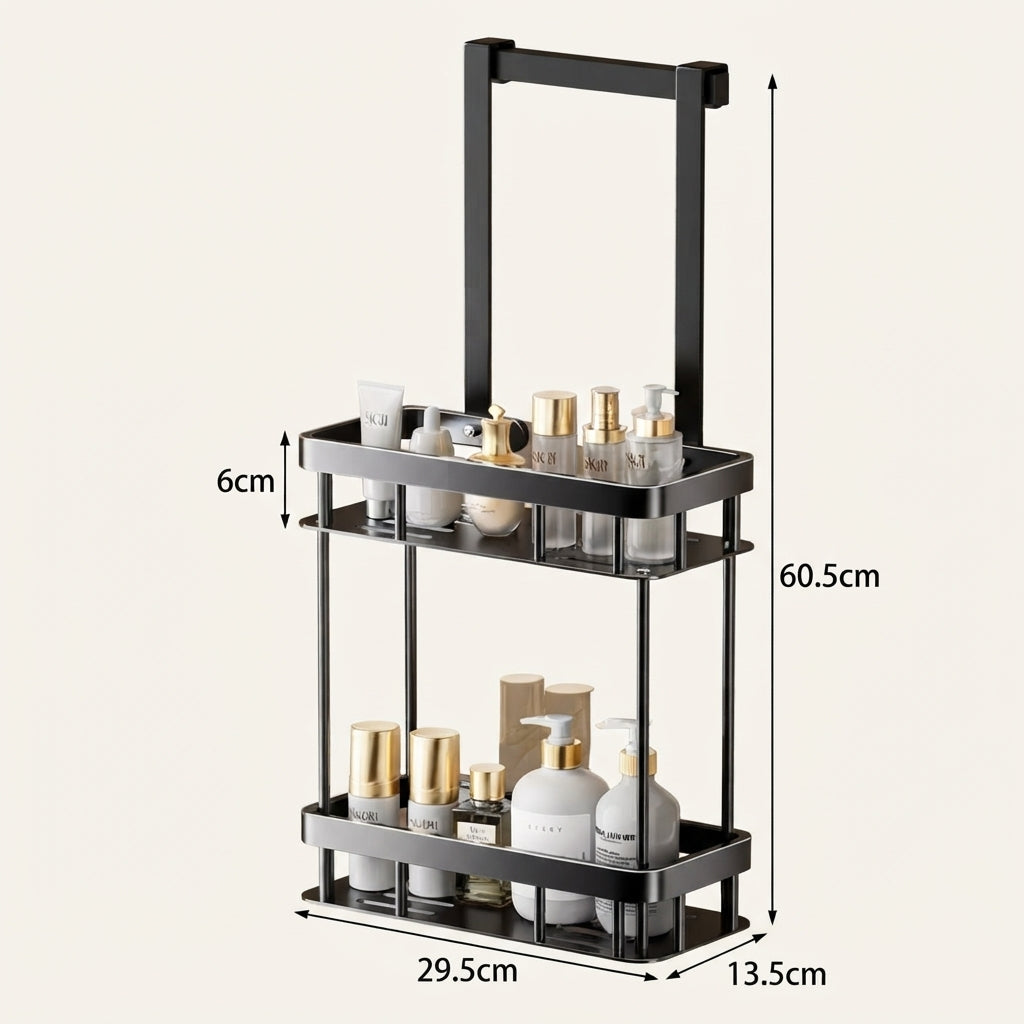Tiered over-door shower caddy with dimensions: 29.5cm wide, 60.5cm tall