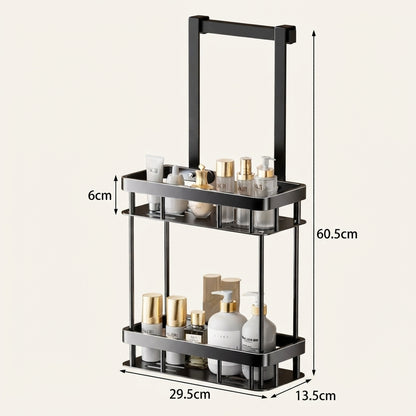 Tiered over-door shower caddy with dimensions: 29.5cm wide, 60.5cm tall