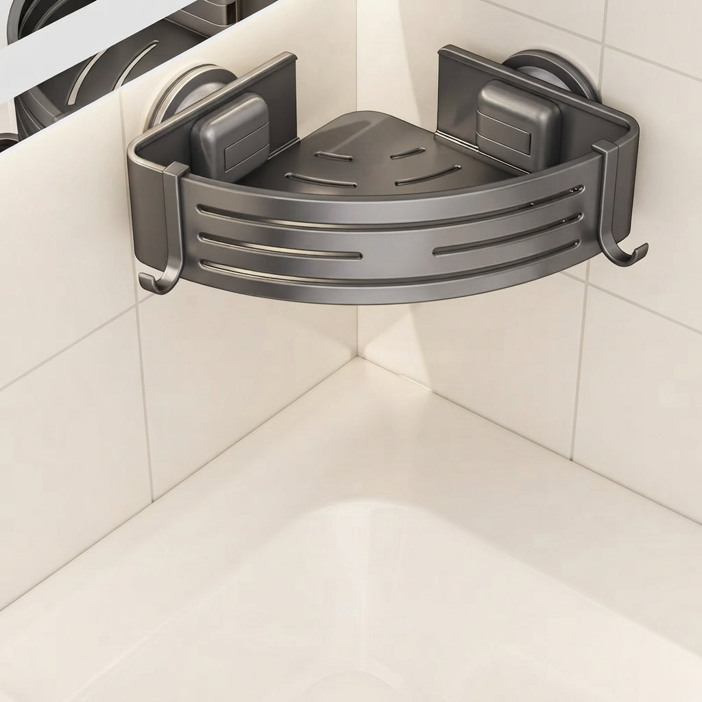 Aluminum corner shower caddy shelf with curved basket and side grips