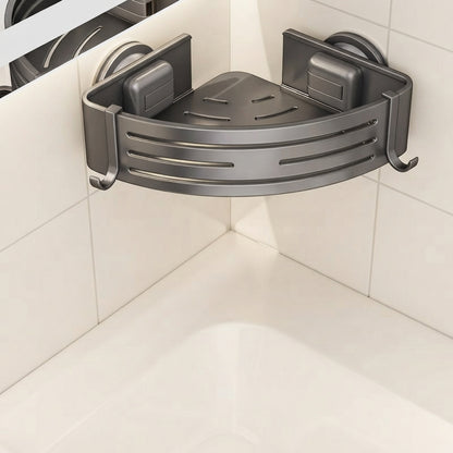 Aluminum corner shower caddy shelf with curved basket and side grips