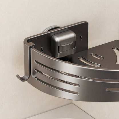 Aluminum corner shower caddy shelf with curved rails and side handles