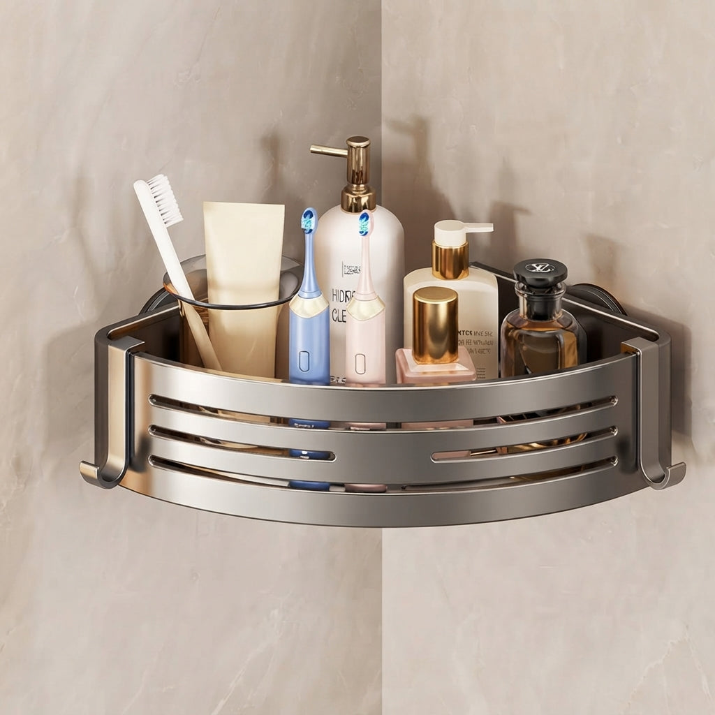 Aluminum shower corner shelf with curved rails holding bottles and a toothbrush