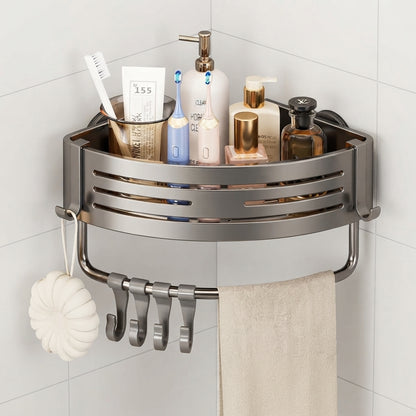 Aluminum shower corner shelf with curved rails, towel bar, and accessory hooks
