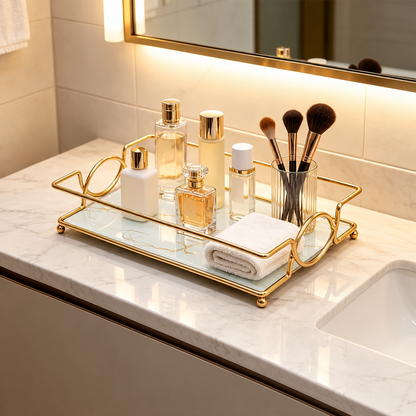 Gold vanity tray with marble-effect surface holding toiletry bottles and makeup brushes