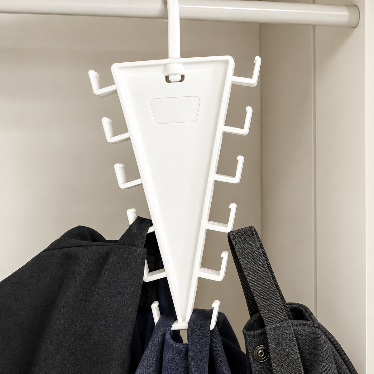 Morix beige rotatable hanger with central body and 12 hooks supporting coats