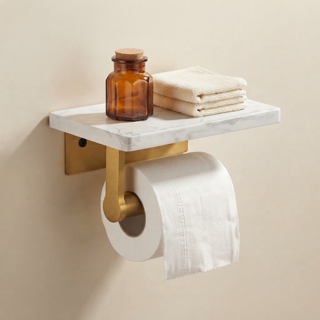 Marble-look toilet roll holder with curved brushed gold arm holding a toilet roll