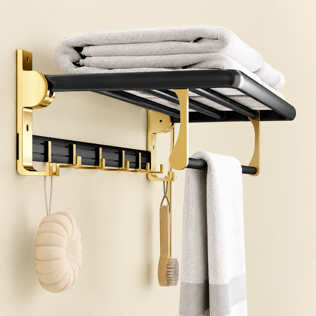Wall-mounted towel rack with slatted shelf, gold hooks, black rails, folded towels