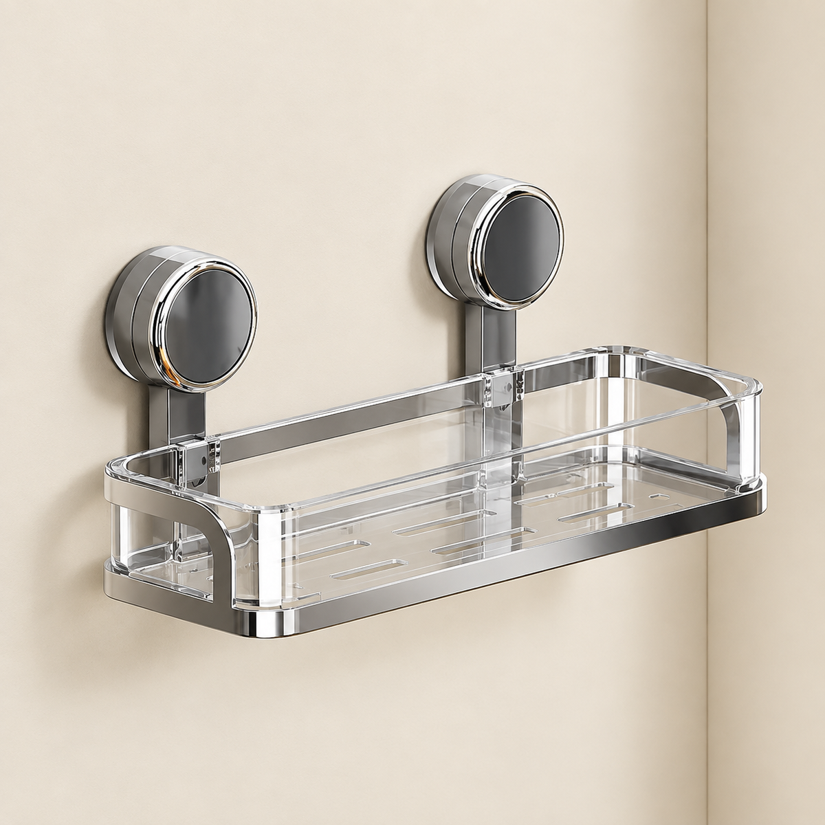 Korva suction-cup shower caddy with clear acrylic shelves and grey mounts, 1 tier.