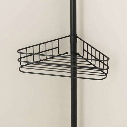 Telescopic corner shower caddy single wire basket shelf on black pole
