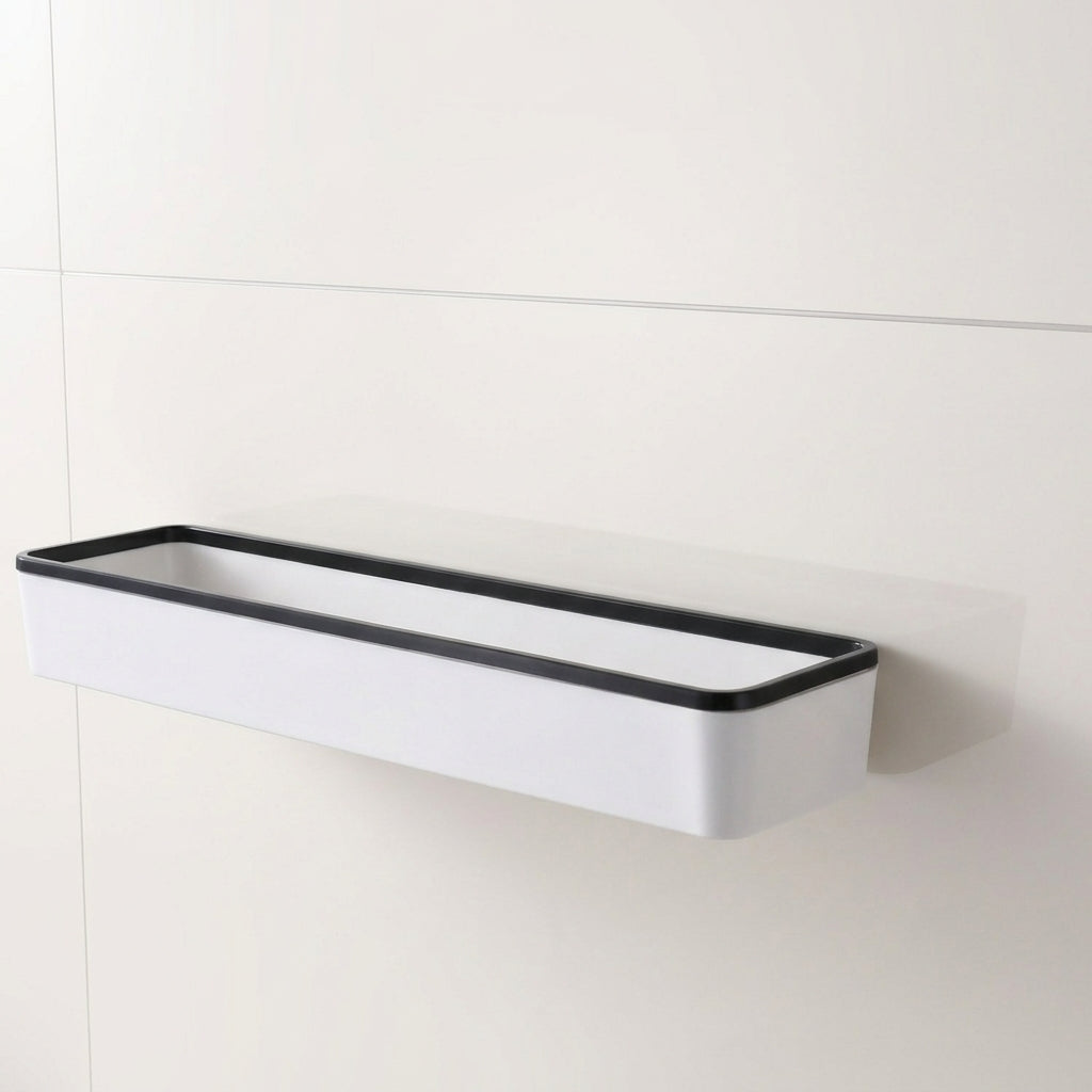 Wall-mounted bathroom storage shelf with white body and black rim, rectangular profile