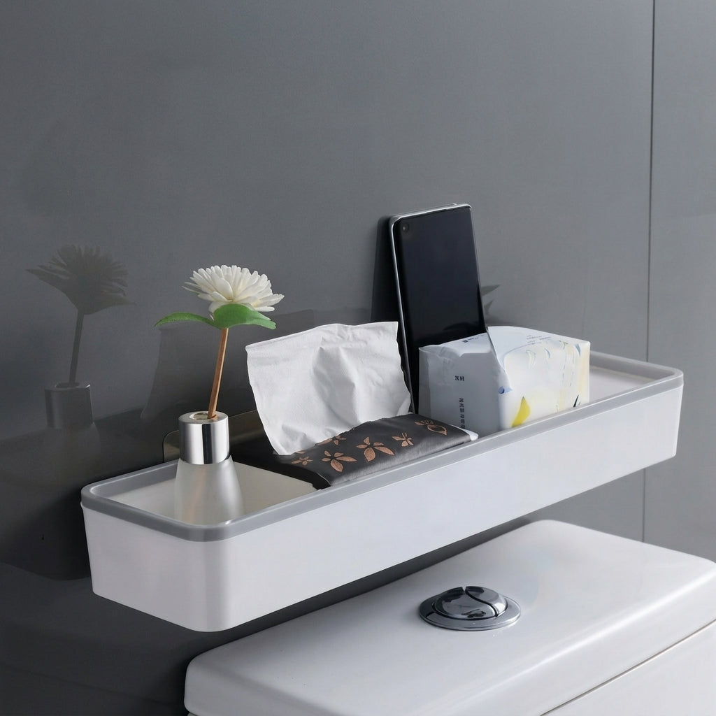 Wall-mounted bathroom storage shelf with white body and black trim, holding toiletries