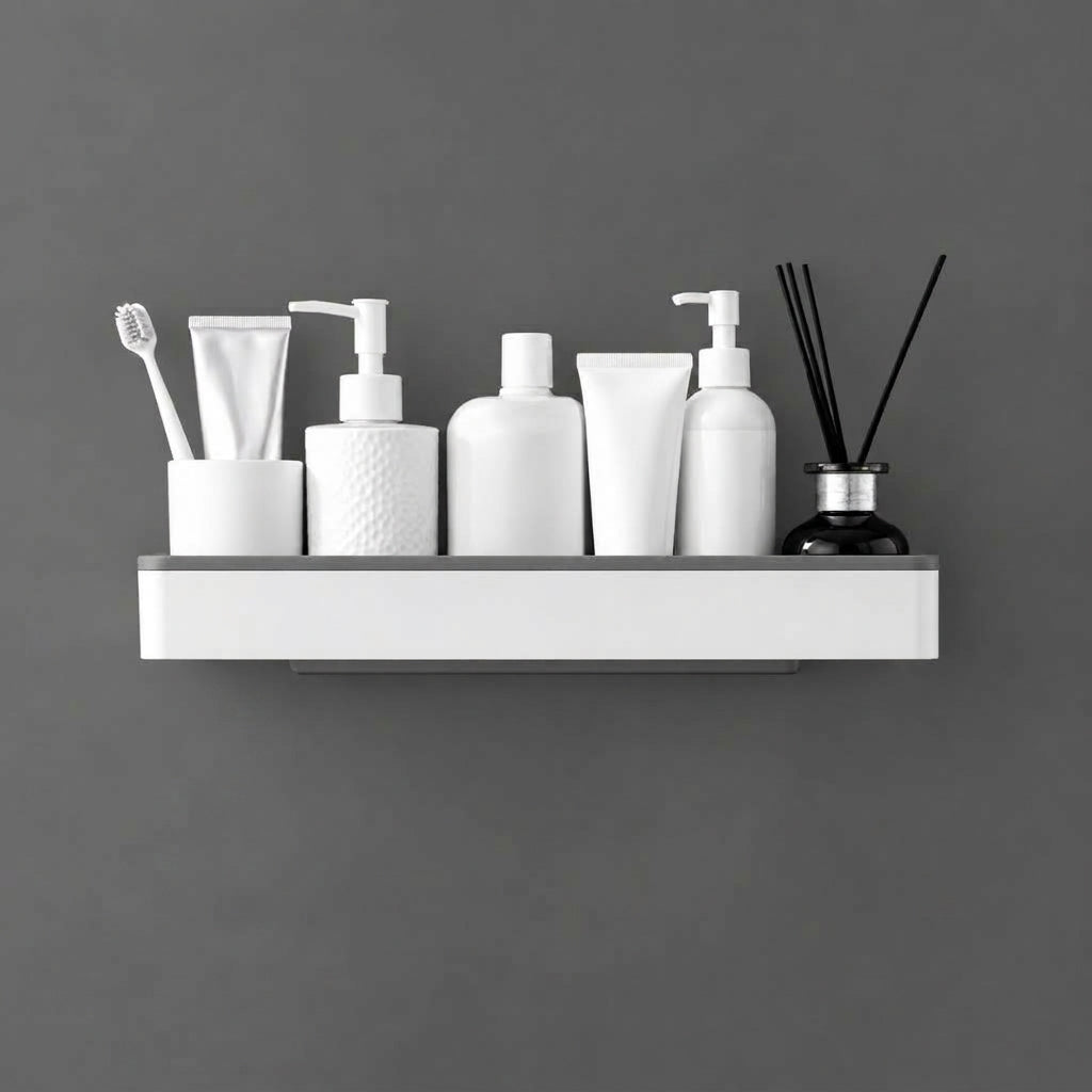 Wall-mounted bathroom storage shelf with white body and black edge trim