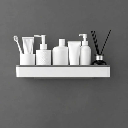 Wall-mounted bathroom storage shelf with white body and black edge trim