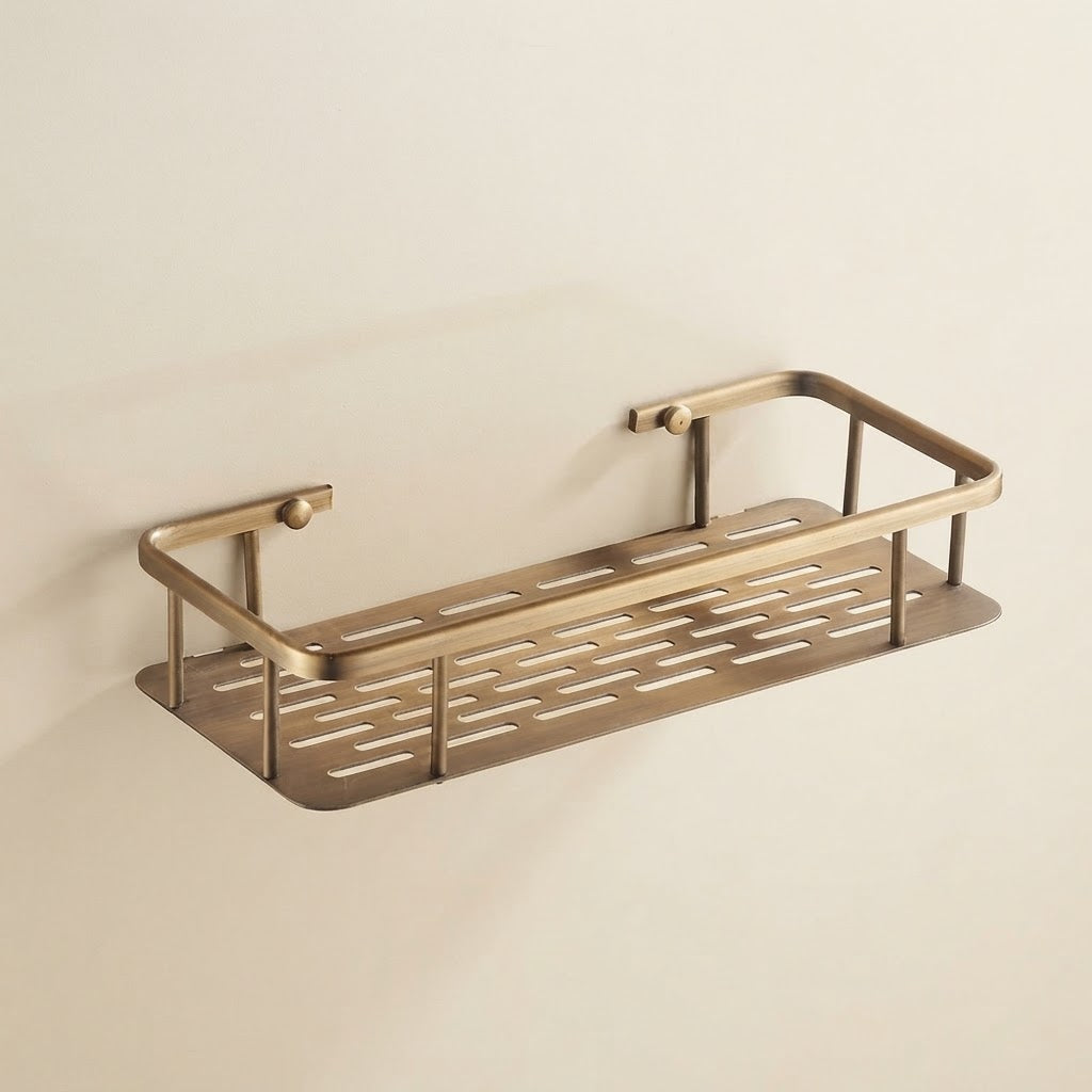 Solid brass slatted shower caddy with single shelf and curved front hook supports