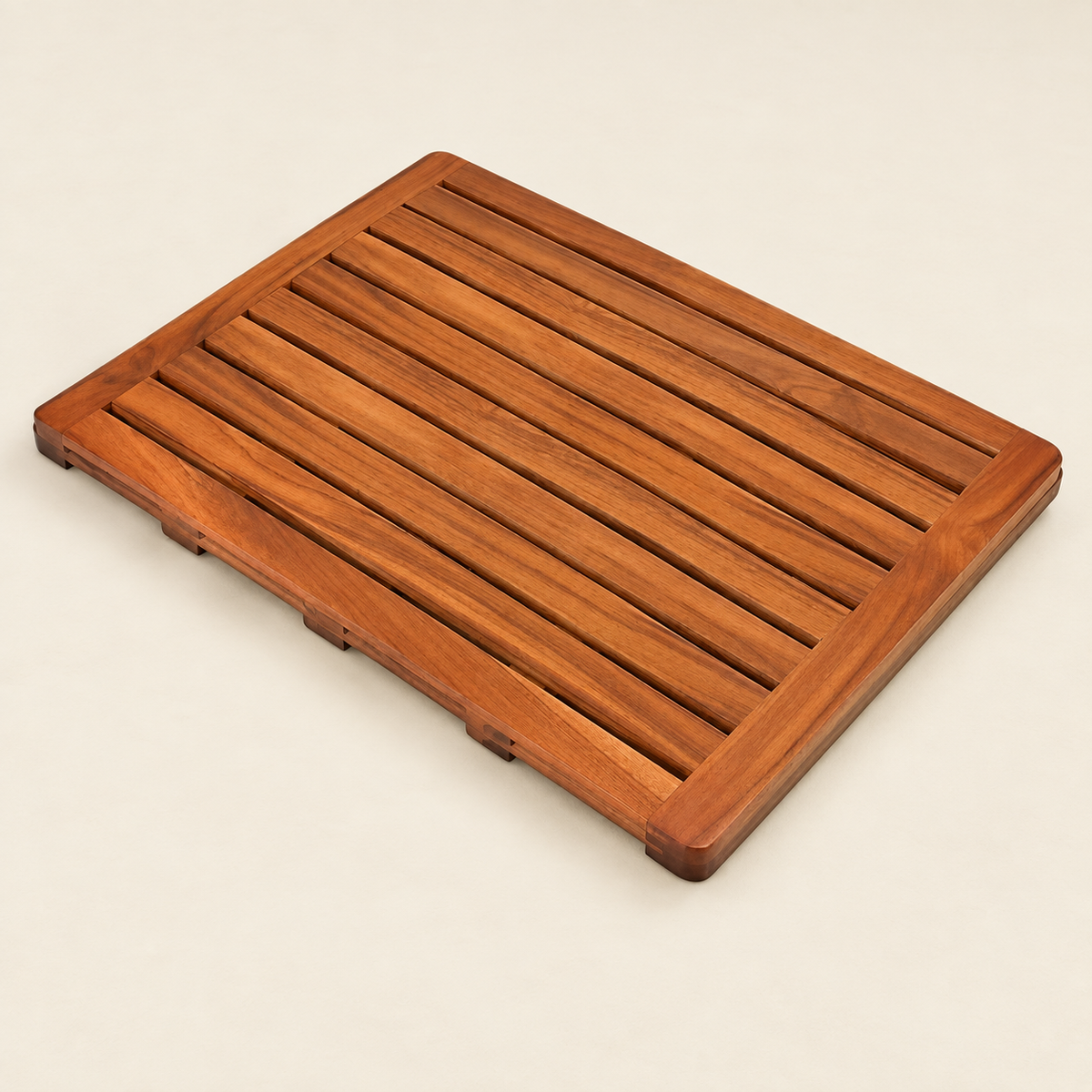 Teak slatted bath mat with raised pads on underside for non-slip