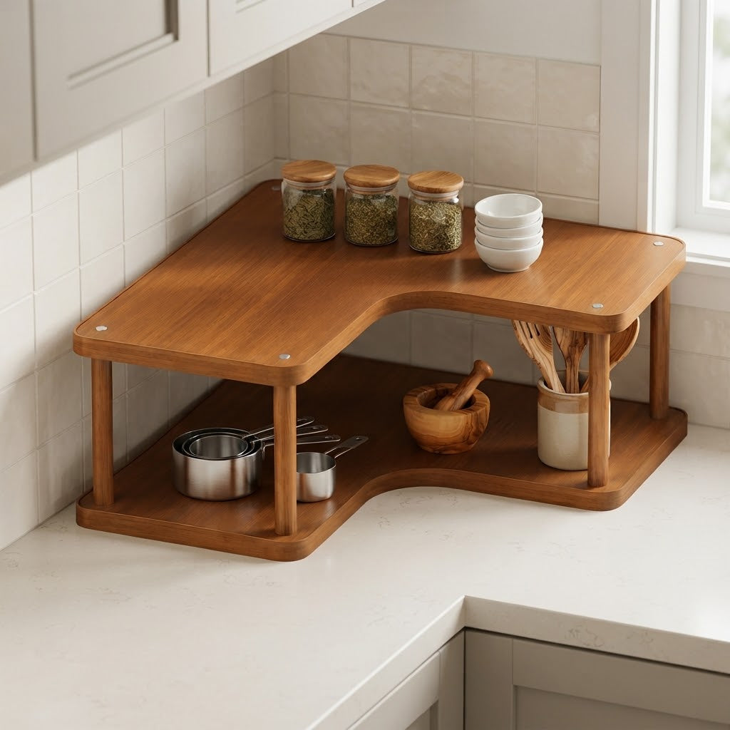 Bamboo kitchen corner worktop rack with two tiers for jars, bowls, and cookware