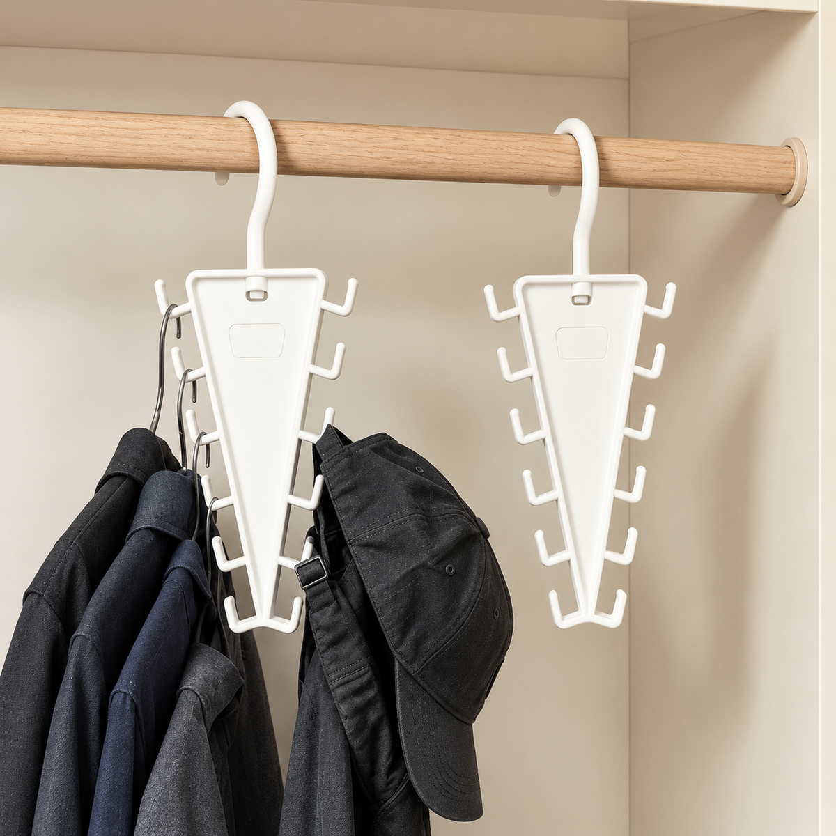 Morix beige rotatable hanger showing multiple side hooks holding jackets