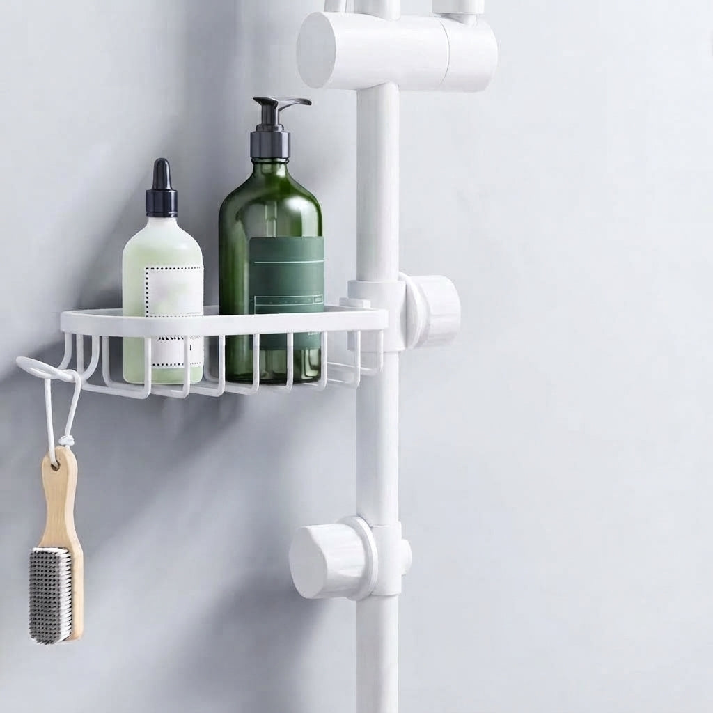 White shower riser rail caddy with vented basket shelf mounted on riser rail