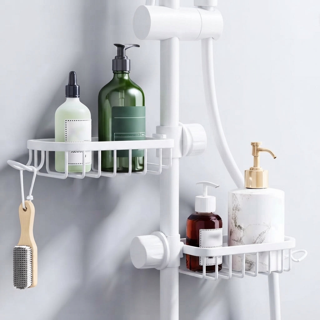 White shower riser rail caddy with two shelves for bottles and accessories
