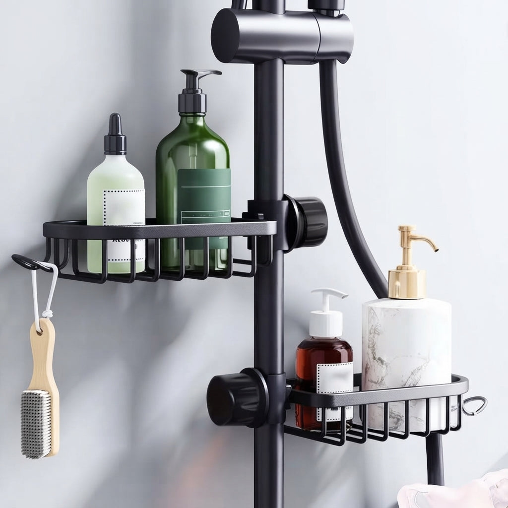 Black shower riser rail caddy with two shelves holding bottles and small items