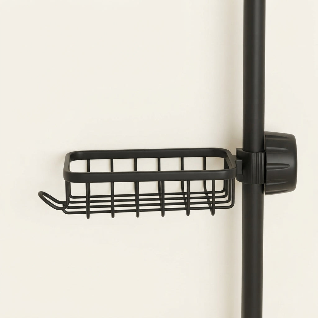 Black shower riser rail caddy with vented basket shelf on vertical rail