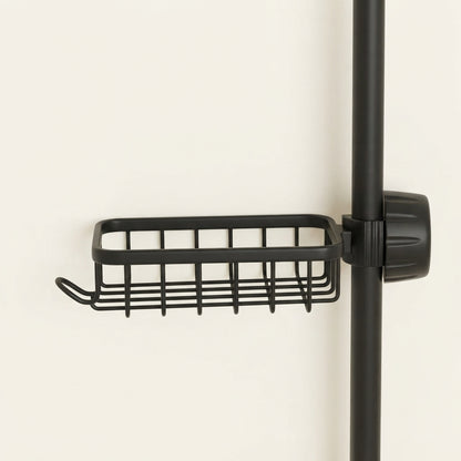 Black shower riser rail caddy with vented basket shelf on vertical rail