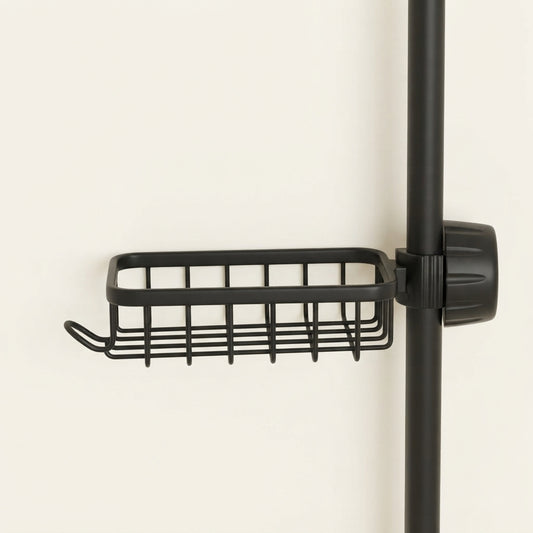 Black shower riser rail caddy with vented basket shelf on vertical rail
