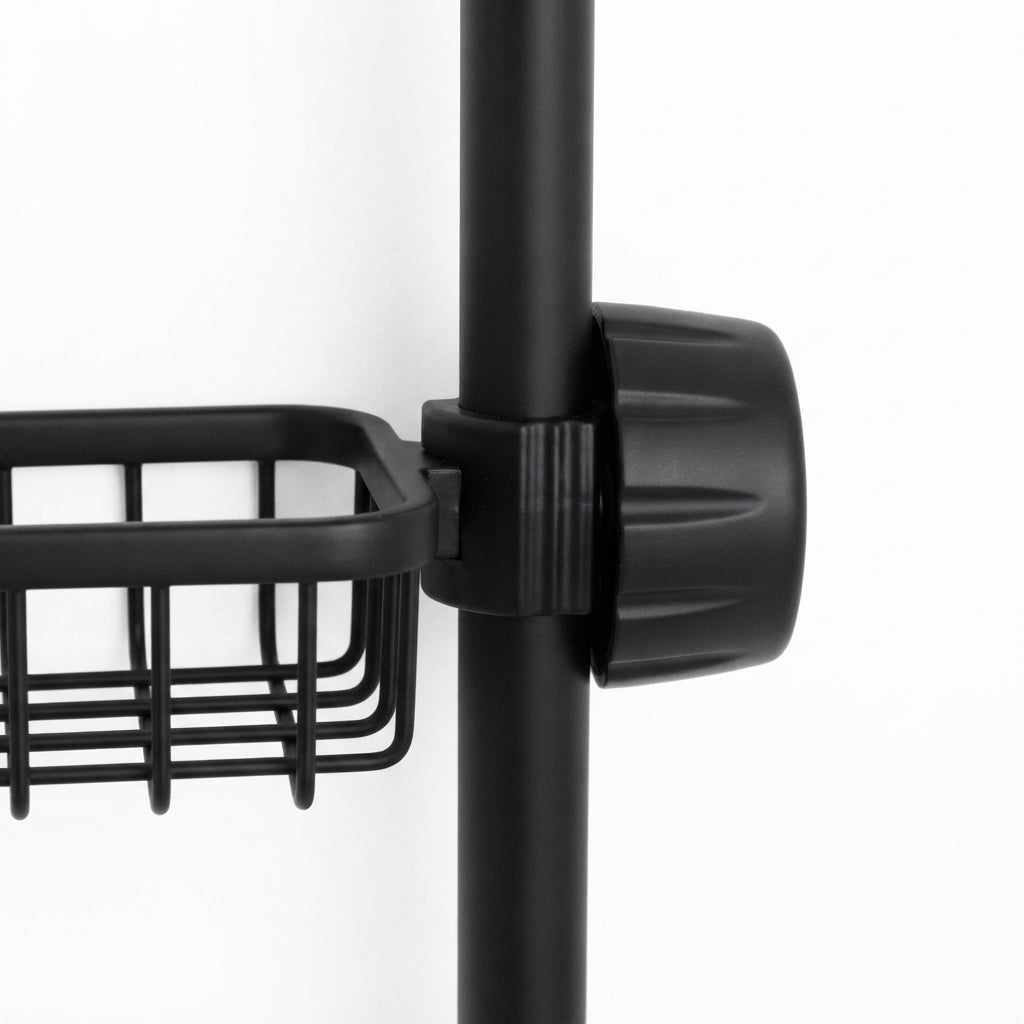 Black shower riser rail caddy with vented basket shelf and rail clamp